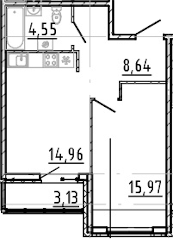 1-комнатная квартира 44.12 м², 13/22 эт., ЖК «Город Первых»